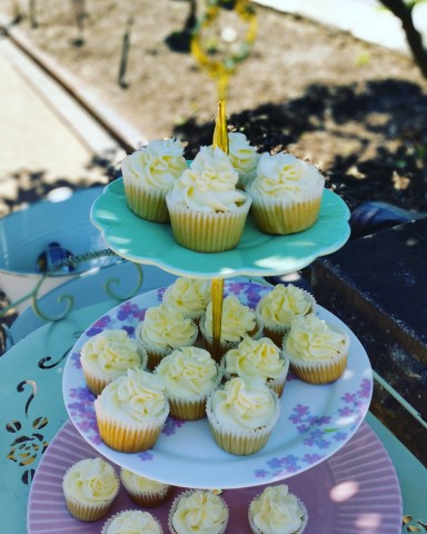 cakes on vintage wedding stand 